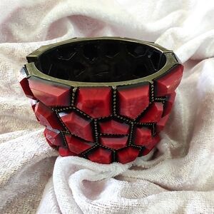 Vintage Red Acrylic & Bronze/Gold Tone Statement Clamper Style Bracelet